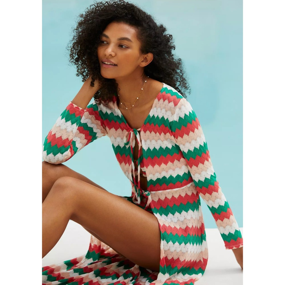 Montce Anthropologie Olivia Cover Up Kimono Tie Front Red Green White Size XS/S